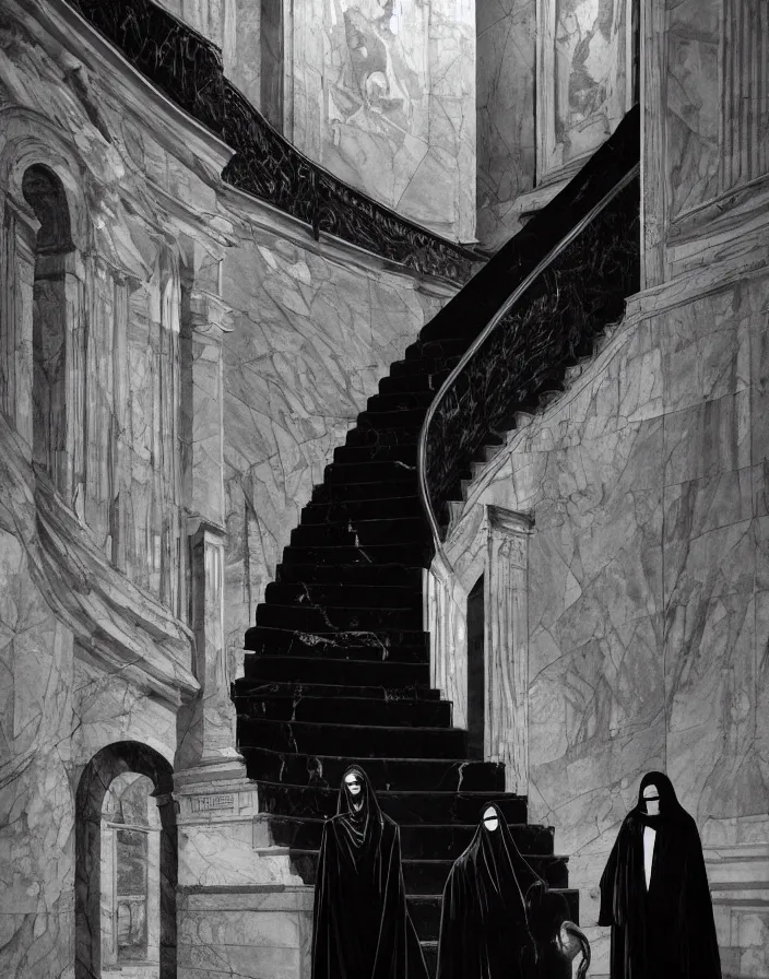 Prompt: several ritualistic figures shrouded in a long trailing dark black opaque gown, descending in tandem down a giant marble staircase in a dark room, photorealism, hyperrealism, harsh lighting, dramatic lighting, medium shot, serious, gloomy, foreboding, cinematic, creepy