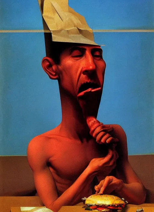 Image similar to hungry hamburger eating a man with a paper bag over his head Edward Hopper and James Gilleard, Zdzislaw Beksinski highly detailed