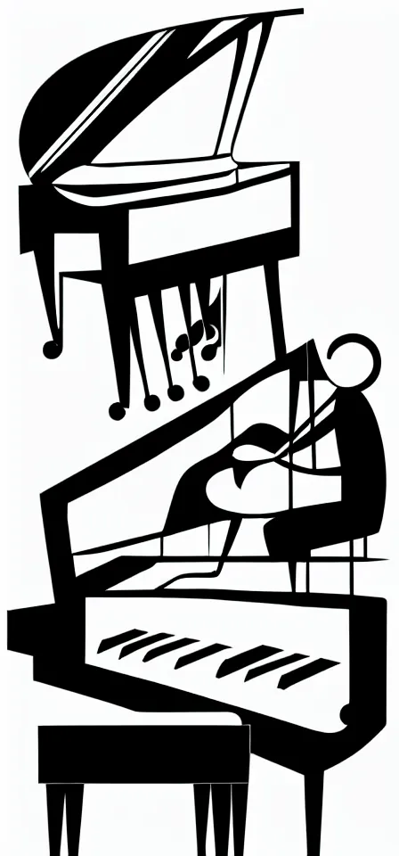 Image similar to fine line vector illustration of a very tiny white line pianist, empty black background, no detail, simple art,