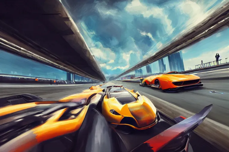 Prompt: modern cars racing on a highway, digital painting, mixed media, trending on artstation and deviantart, epic composition, highly detailed, 8 k