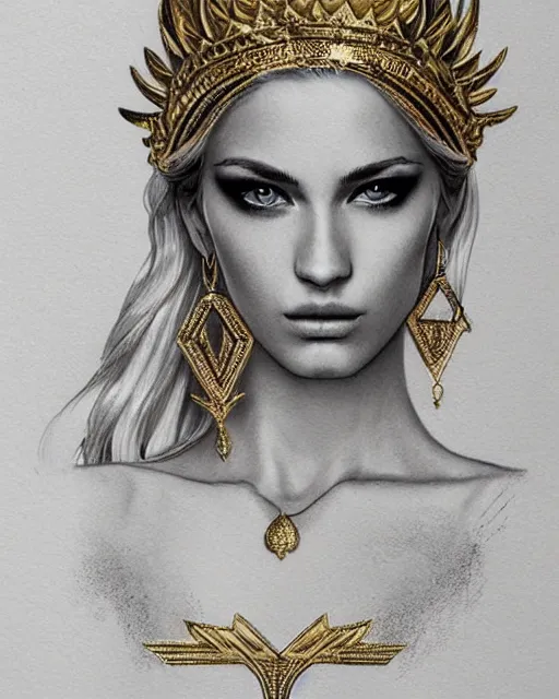 Image similar to tattoo design sketch of hot blonde super model as aphrodite greek goddess wearing a gold laurel wreath and triangle earrings, beautiful piercing gaze with sharp pupils, in the style of greg rutkowski, fantasy, amazing detail, epic, elegant, smooth, sharp focus, front view