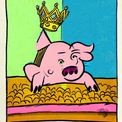 Image similar to concept sketches of a pig wearing a gold crown by Bill Watterson, in the style of 1970s cartoons