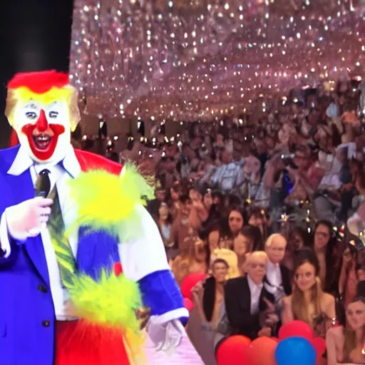 Image similar to cinematic shot of donald trump wearing a clown costume on a fashion show runway, 8 k, very detailed, very intricate,