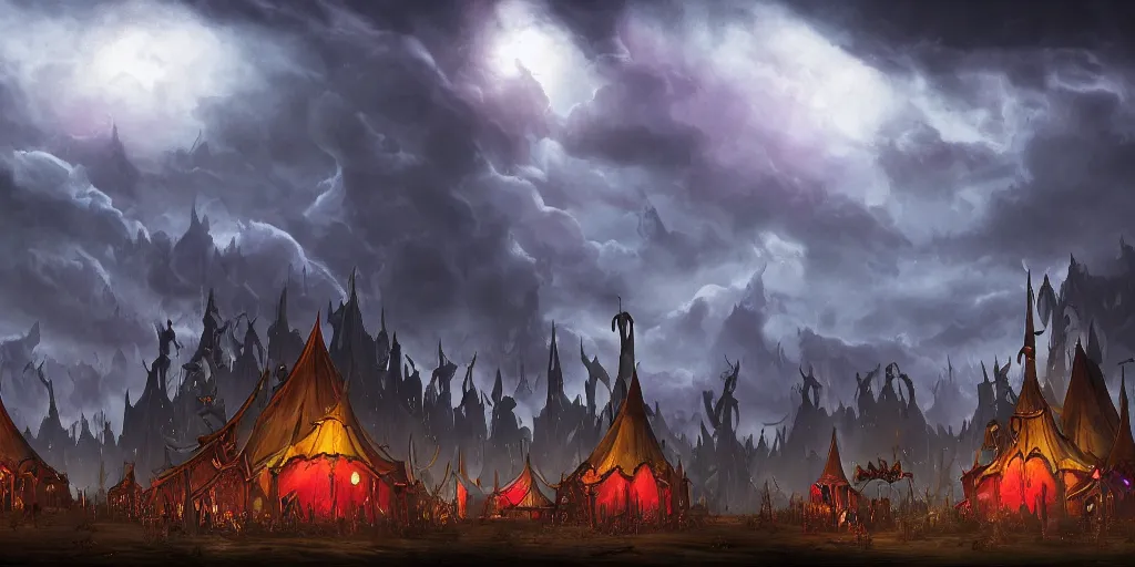 Image similar to a fantasy matte painting of dark evil circus tents silhouetted by an evil dramatic sky, tim burton, world of warcraft, league of legends