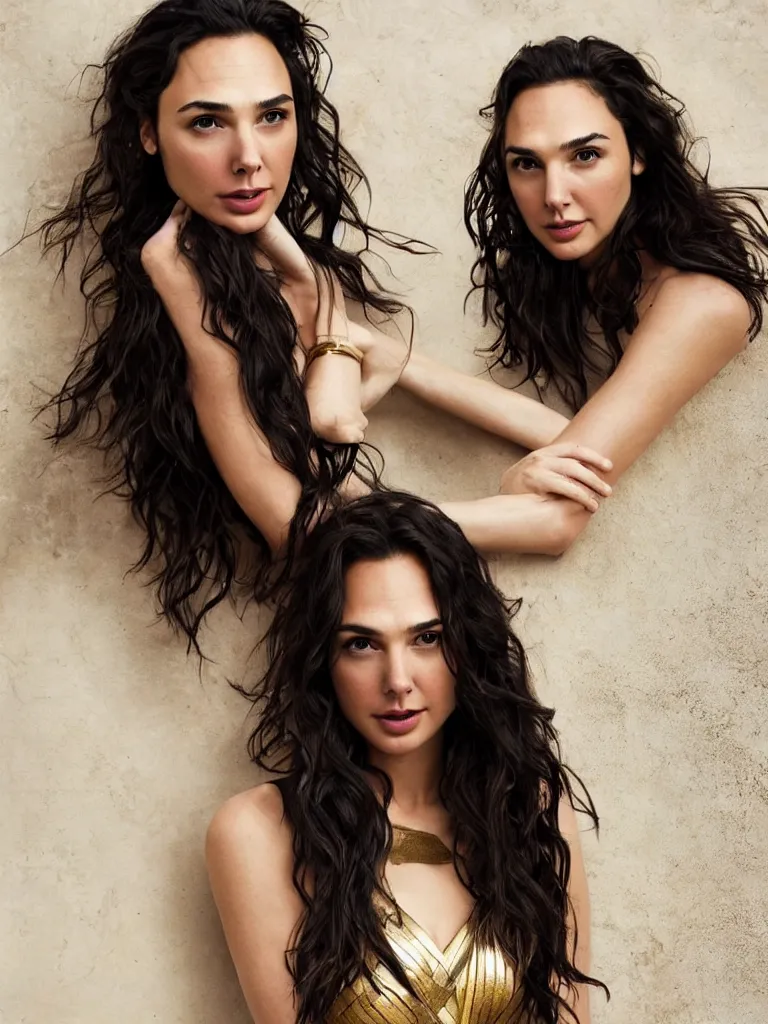 Prompt: a still of gal gadot a beautiful looking off into the distance, wavy long - length black hair, gold collar, white themyscira dress, beautiful brown eyes, medium shot, with a soft, natural light falling on her face. the focus is on her eyes and brows, which are perfectly shaped and well - defined. by annie leibowitz