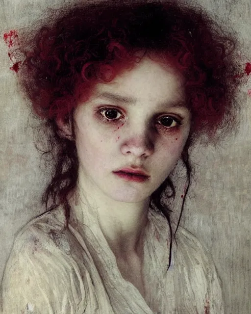 Prompt: a beautiful but sinister girl in layers of fear, with haunted eyes and curly hair, 1 9 7 0 s, seventies, delicate embellishments, a little blood, crimson, painterly, offset printing technique, by jules bastien - lepage and mary jane ansell