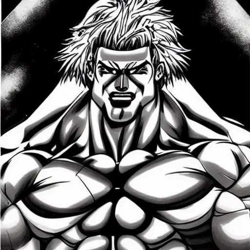 Image similar to a large muscular and beefy man, posed flexing his muscles. tan skin, manga illustration, 2 0 0 7