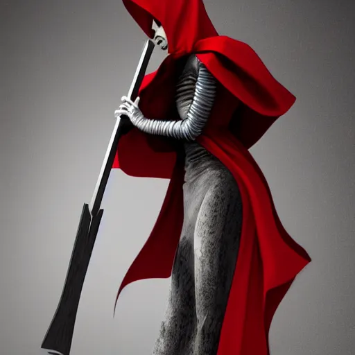 Prompt: A female Grim Reaper, wearing a red cloak and hood, holding a scythe, Photo realistic, hyper detail, Gustavo Dore’, Hyper realism, 3-D shading, octane render, art station,