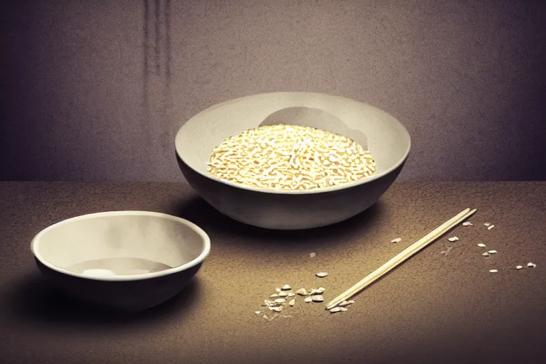 Prompt: an empty bowl with a few rice grains and broken chinese chopsticks, on a dirty table in poor apartments, running rat, dark atmosphere, digital art, very realistic