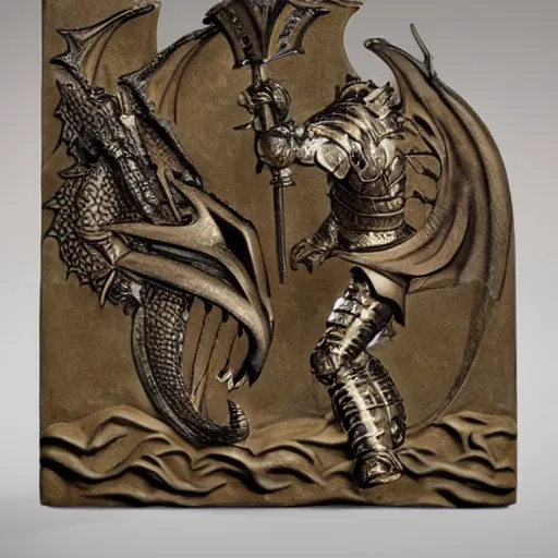 Prompt: bas relief fire-breathing dragon vs female knight with flowing hair