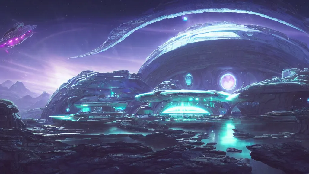 Prompt: a vast ancient waterfall planet with fireflies, pristine intergalactic spaceship, futuristic glowing temple stargate portal spaceship dock station at night and lots of cummulonimbus clouds by makoto shinkai, moebius!, oliver vernon, joseph moncada, damon soule, manabu ikeda, kyle hotz, dan mumford, by kilian eng