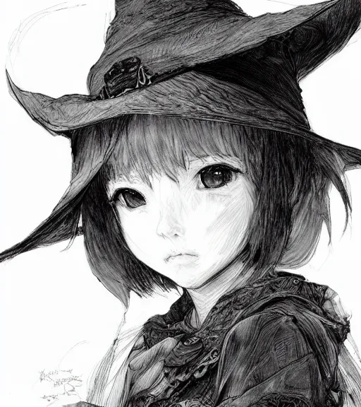 Image similar to portrait of little anime girl wearing witch hat, pen and ink, intricate line drawings, by craig mullins, ruan jia, kentaro miura, greg rutkowski, loundraw