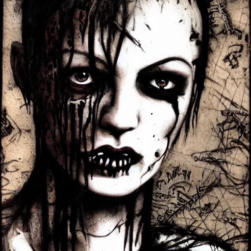 Prompt: portrait painting of a hideous goth girl with a mohawk and rotten skin screaming, sharp focus, ultra realistic, concept art, intricate details, eerie, highly detailed, photorealistic, dark, black and white, rpg art vampire the masquerade. art by tim bradstreet