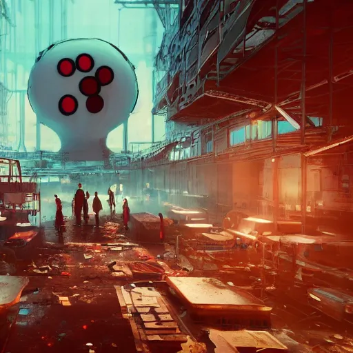 Image similar to a giant mickey mouse head, factory floor, surrounded by factory workers, octane render, cgstation, 3 d render, very detailed, mindblowing, blood and guts, gritty, cyberpunk, cinematic lighting, hyper realism