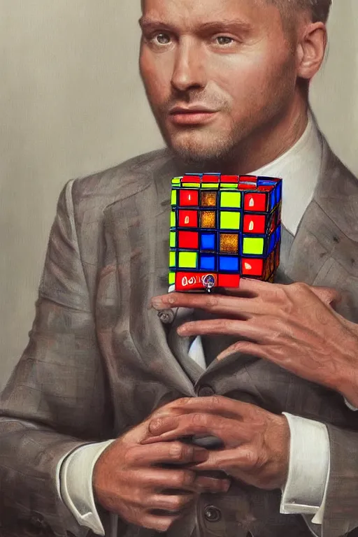 Image similar to a hyper - realistic hyper - detailed fine painting of a man wearing a suit and with a rubik's cube head, ultra - realistic detailed surrealism, magical realism