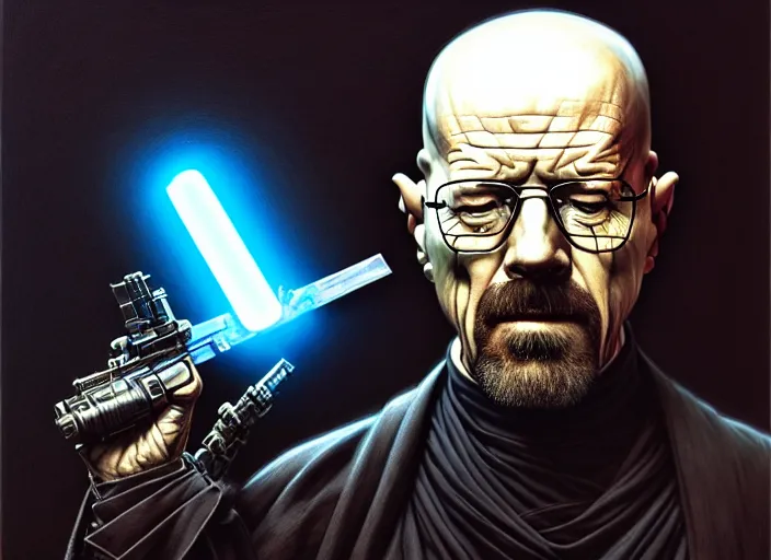 Image similar to wideangle!! portrait shot of heisenberg as a sith in star wars, intricate, elegant, highly detailed, centered, digital painting, artstation, concept art, smooth, sharp focus, illustration, artgerm, tomasz alen kopera, peter mohrbacher, donato giancola, joseph christian leyendecker, wlop, boris vallejo