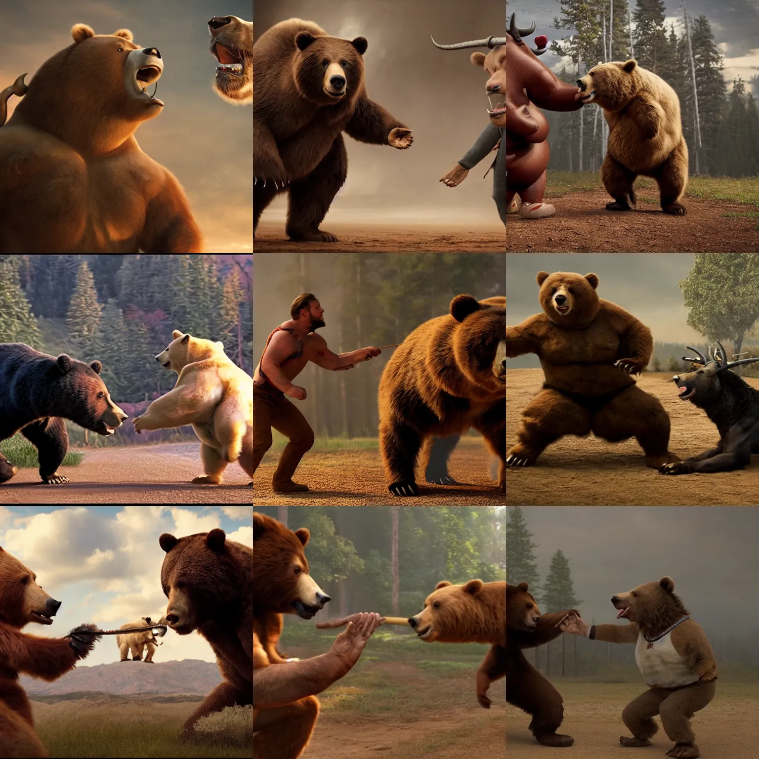 Prompt: movie still scene of anthropomorphic bear fighting an anthropomorphic bull 8k