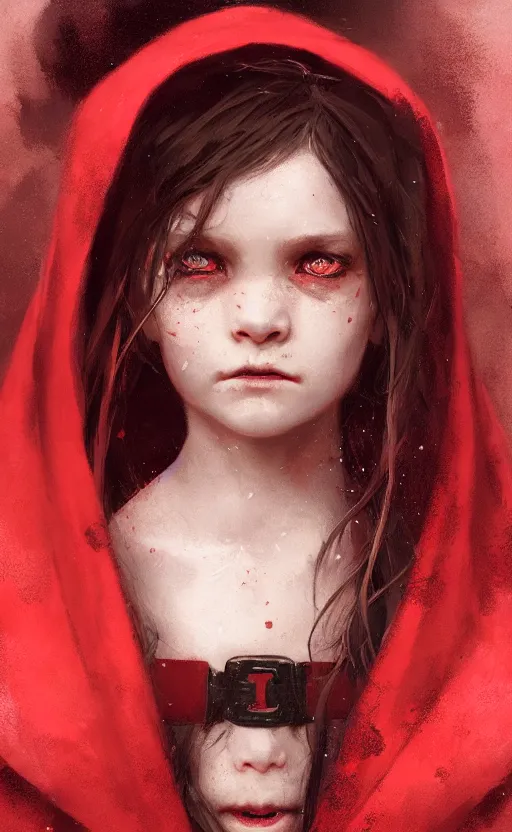 Prompt: Portrait of a small vampire girl wearing a red cloak, detailed face, fantasy, highly detailed, cinematic lighting, digital art painting by greg rutkowski