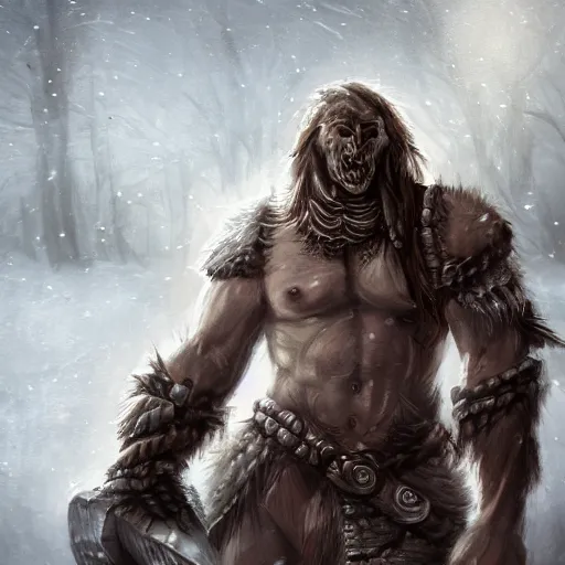 Image similar to anthropomorphic turtle barbarian humanoid, carapace, wlop, blizzard, winter, night, furs, fantasy