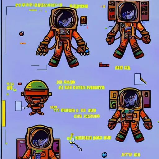 Prompt: astronaut game character in dark space quest, game art, splash art, 2d game