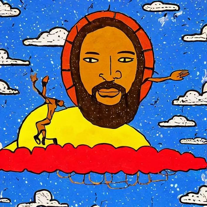 Prompt: UFO hovering over an African Jesus , clouds, colorful, in the style of African bus art,