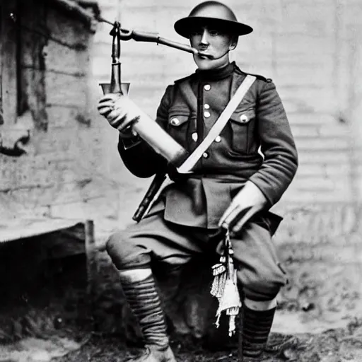 Image similar to WW1 photograph of a soldier wielding a hot dog like a gun