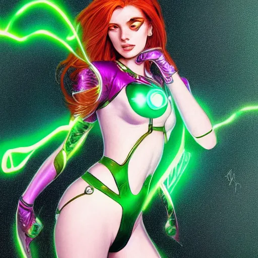 Image similar to ultra realistic illustration, bella thorne as starfire anime with glowing green eyes, intricate, elegant, highly detailed, digital painting, artstation, concept art, smooth, sharp focus, illustration, art by artgerm and greg rutkowski and alphonse mucha