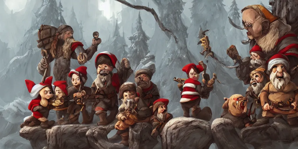 Image similar to 7 deadly dwarfs and snow white, highly detailed, concept art, trending on artstation