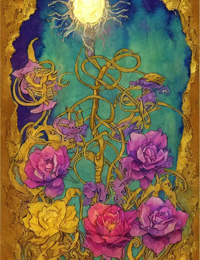 Image similar to lovecraftian god of light and flowers. this watercolor and goldleaf work by the beloved children's book illustrator has interesting color contrasts, plenty of details and impeccable lighting.