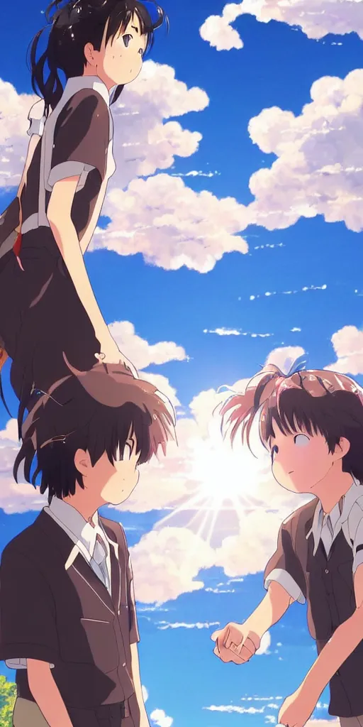 Prompt: a man and a woman holding hands under a beautiful sun drawn like the anime Your Name anime,