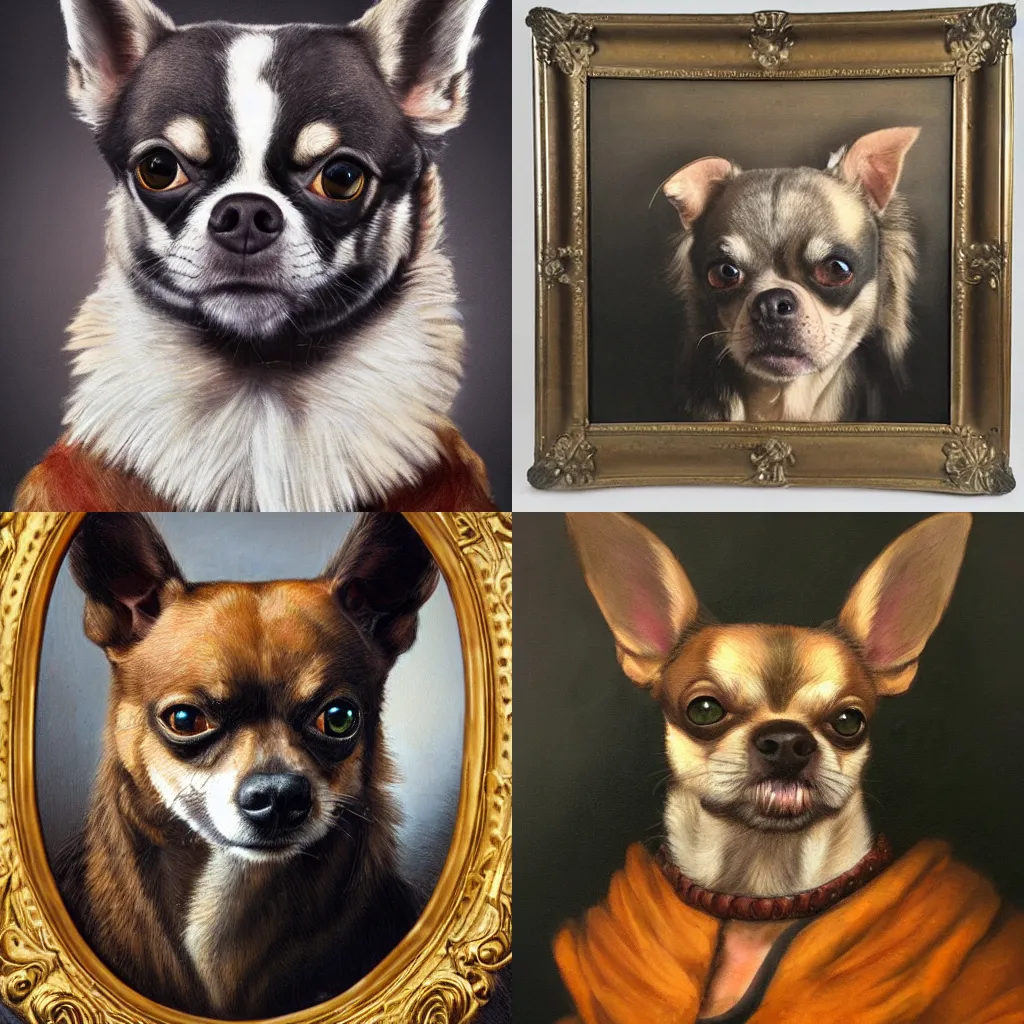 Prompt: subject: muscular barbarian dangerous angry chihuahua anthropomorphic portrait, style: very detailed heavy textured rembrandt oil painting with dramatic light , very sharp detail