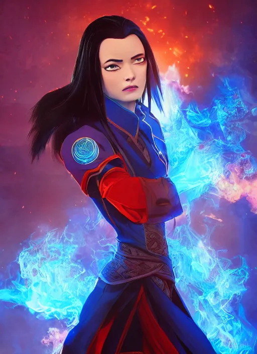 Prompt: azula from avatar the last airbender posing, blue flames, dark atmosphere, cinematic shot, intricate, ornate, photorealistic, movie poster, ultra detailed, realistic, 1 0 0 mm, photography, octane, high definition, depth of field, realism, 8 k, artstation