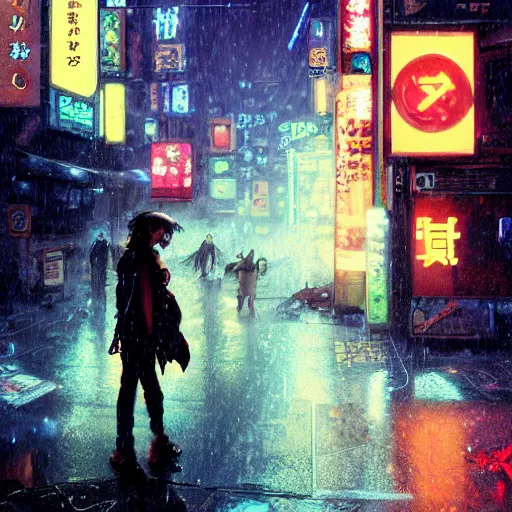 Image similar to cyborg caveman on the streets of tokyo, with neon lights, while it's raining, stephen bliss, unreal engine, fantasy art by greg rutkowski, loish, rhads, ferdinand knab, makoto shinkai, ilya kuvshinov, rossdraws, global illumination, radiant light, detailed and intricate environment