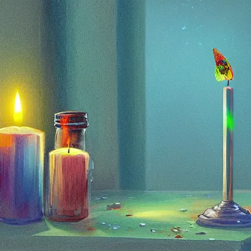 Image similar to a vivid bug with fringes of light and color enters a hostel room and lights a candle, fantasy art