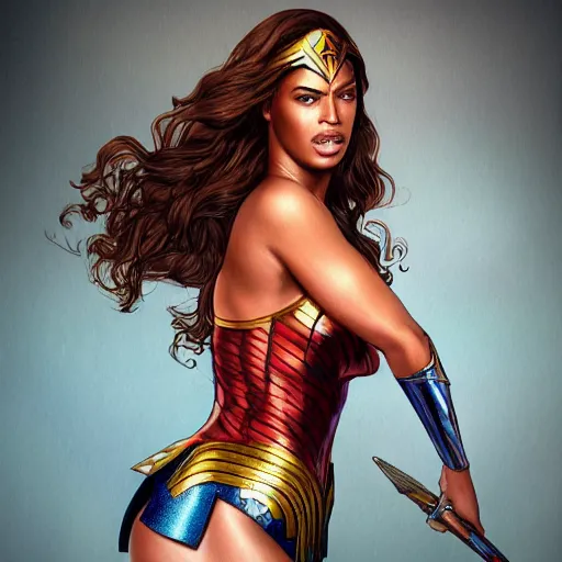 Prompt: full figure ultra realistic illustration, beyonce as wonder woman, intricate, elegant, highly detailed, digital painting, artstation, concept art, smooth, sharp focus, illustration, art by artgerm and greg rutkowski and alphonse mucha