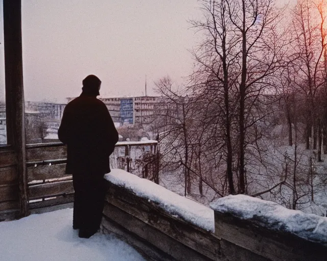 Image similar to lomographic tarkovsky film still of 4 0 years russian man with beard and sweater standing on small hrushevka 9 th floor balcony in winter taiga looking at sunset, cinestill, bokeh