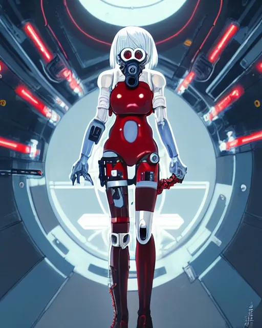 Image similar to white haired cyborg girl wearing gas mask and red dress | | audrey plaza, warframe armor, fine detail!! anime!! realistic shaded lighting!! poster by ilya kuvshinov katsuhiro otomo ghost - in - the - shell, magali villeneuve, artgerm, jeremy lipkin and michael garmash and rob rey