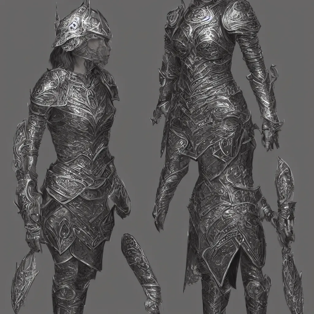 Image similar to concept layout of 3 d rendered suit of decorative female armor, filigree, lord of the rings, elder scrolls, detailed, art station, unreal engine