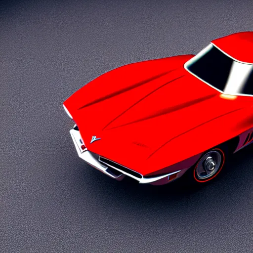 Prompt: The car is Corvette C2 1969, red paint, in a blank studio room. The car is on a perfectly flat floor. Orthographic front view of the car.