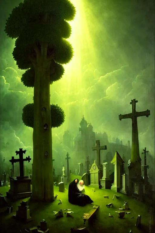 Image similar to hieronymus bosch, greg rutkowski, anna podedworna, painting of the broccoli, god rays, wide shot of a graveyard lit by spooky green lights