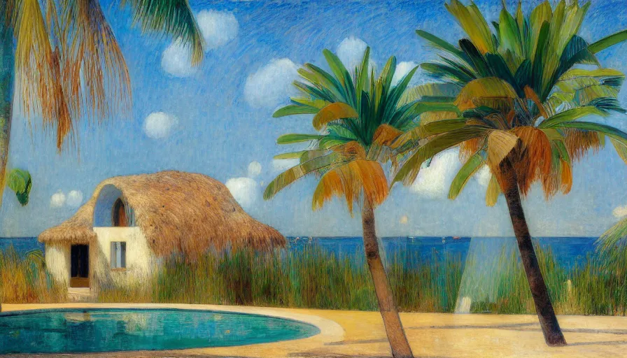 Prompt: a house designed by jules bastien - lepage, tarsila do amaral, frank weston and gustave baumann, beach, trending on artstation, mediterranean, palm trees, sharp focus, colorful refracted sparkles and lines, soft light, 8 k 4 k