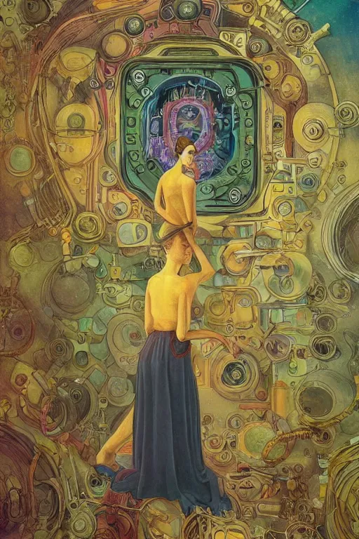 Prompt: realistic portrait of an engineer woman fixing the samsara holy cluster, fine portrait, concept art, stunning, visionary, in the style of ttrpg book illustrations, in the style of brecht evens, in the style of jean delville