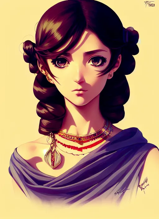 Image similar to a comic portrait of an gypsy girl, fine - face, cel shaded perfect face, fine details, jewelry, night setting. very anime style. realistic shaded lighting poster by ilya kuvshinov katsuhiro, magali villeneuve, artgerm, jeremy lipkin and michael garmash, rob rey and kentaro miura style, trending on art station