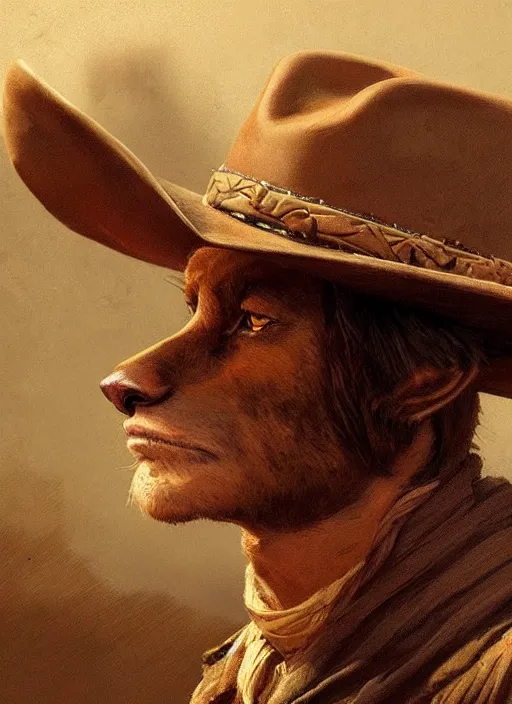 Image similar to highly detailed portrait of brown cat wearing a cowboy hat, determined. red dead redemption art, unreal engine, fantasy art by greg rutkowski
