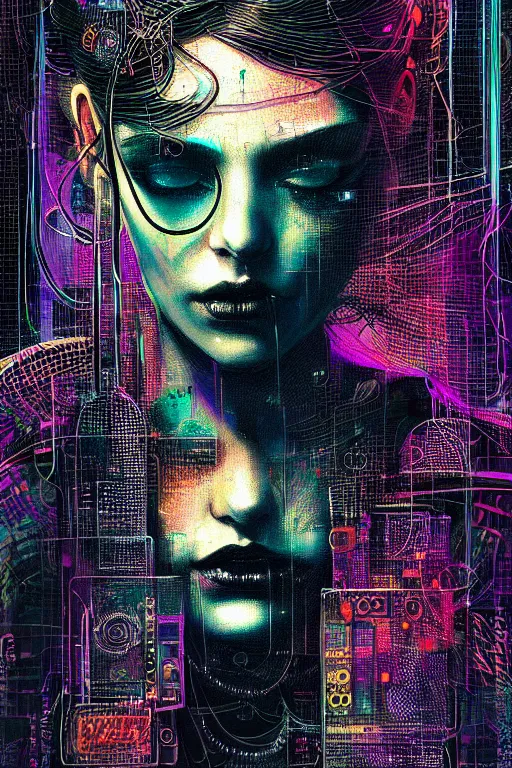 Image similar to dreamy cyberpunk girl, abstract black leather, digital nodes, beautiful woman, detailed acrylic, grunge, intricate complexity, by dan mumford and by alberto giacometti, peter lindbergh