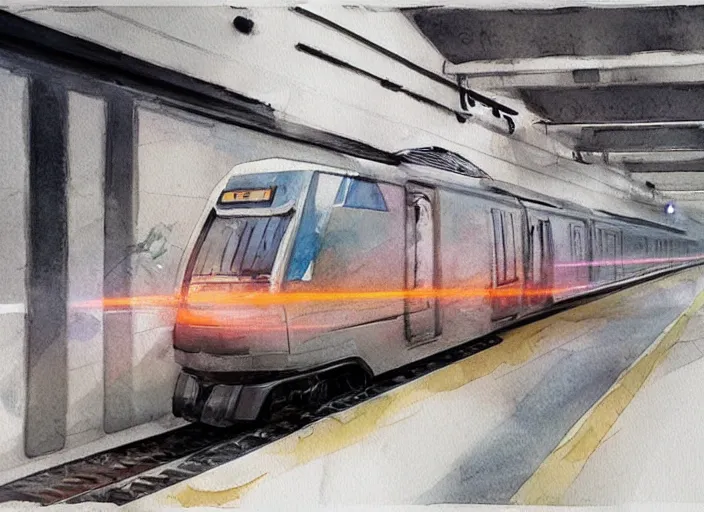 Image similar to concept art of a urban train, pinterest, artstation trending, behance, watercolor, by coby whitmore *, silver, laser light *,