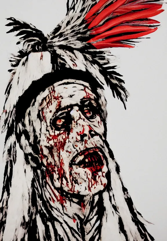 Image similar to close up portrait of zombie Pope Francis wearing a Native American Indian Feathered Headdress War Bonnet, dead redemption, by Kara Walker