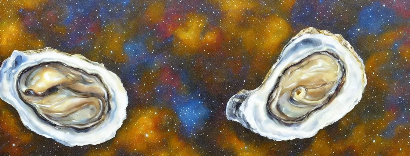 Prompt: Oyster with a star forming in it's core, floating in space, hyper realistic painting
