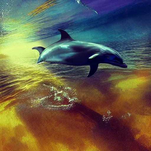 Prompt: dolphin swimming underwater, golden hour, god rays, by ismail inceoglu