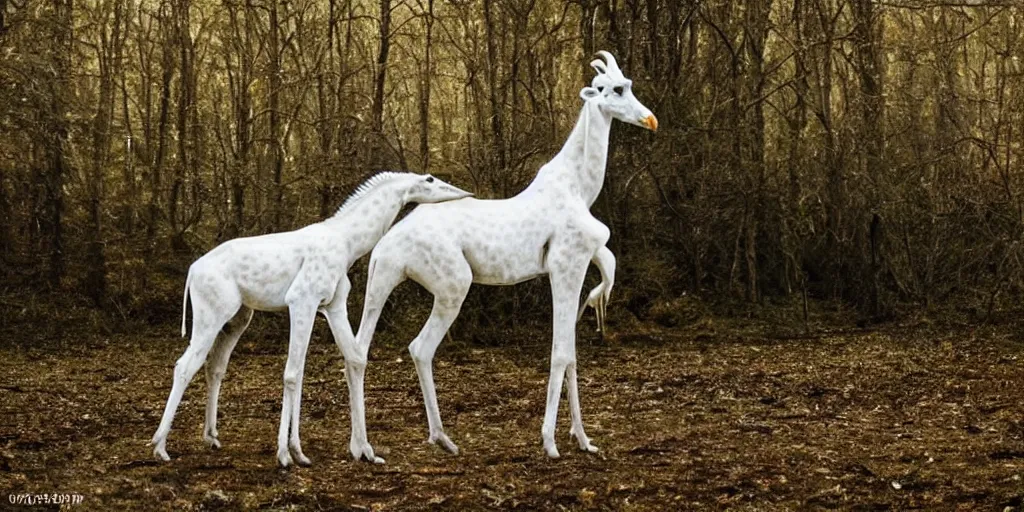 Image similar to a long maned spotless albino white giraffe elk walks alone thru an enchanted forest, majestic!!! beautiful!!!, ethereal!!!, loving, ultra realistic, winter, golden hour, volumetric lighting, sharp focus